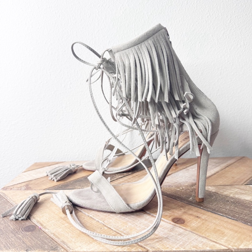 Shultz kagi Fringed Gray/Beige Lace Up Heels - Picture 3 of 16